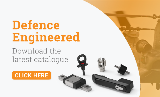 Text displaying 'Defence Engineered - Download the latest catalogue' with a visual of a Chinook with a low opacity orange overlay and a 'Click Here' button