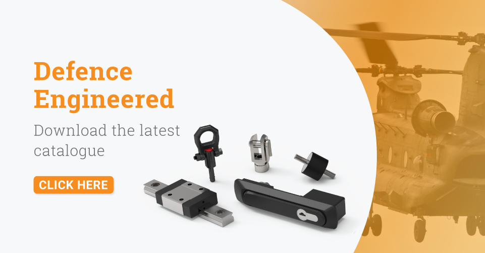 Text displaying 'Defence Engineered - Download the latest catalogue' with a visual of a Chinook with a low opacity orange overlay and a 'Click Here' button