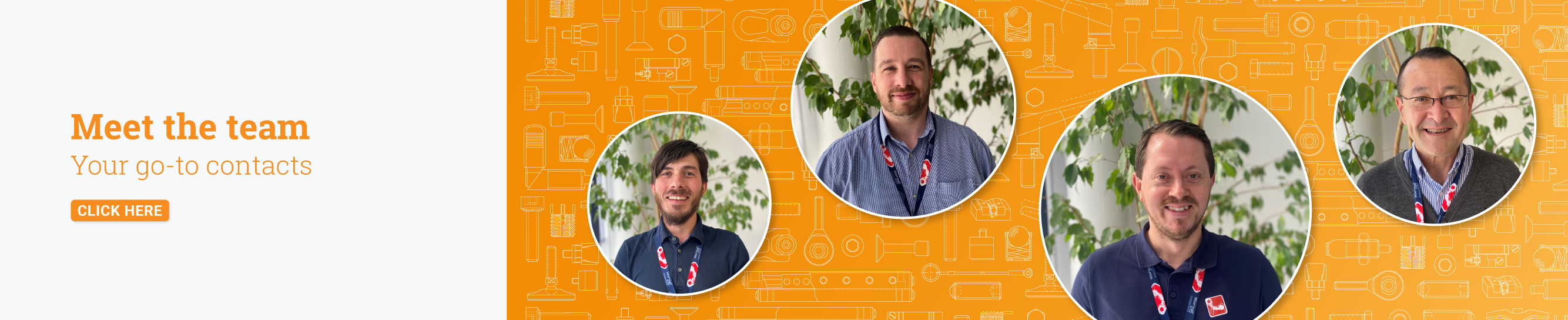 Text displaying 'Meet the team, your go-to contacts' with photos of 4 team members