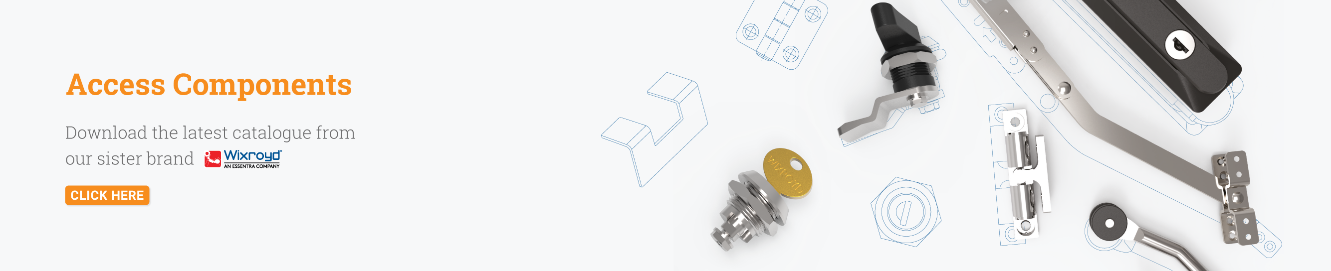 Text displaying 'Access Components - Download the latest catalogue' with an orange 'Click Here' button and a layout of various Access Component renders