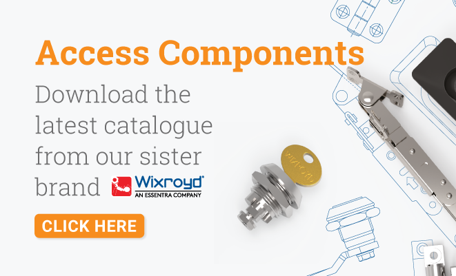 Text displaying 'Access Components - Download the latest catalogue' with an orange 'Click Here' button and a layout of various Access Component renders