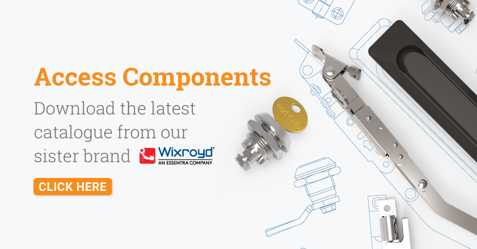 Text displaying 'Access Components - Download the latest catalogue' with an orange 'Click Here' button and a layout of various Access Component renders