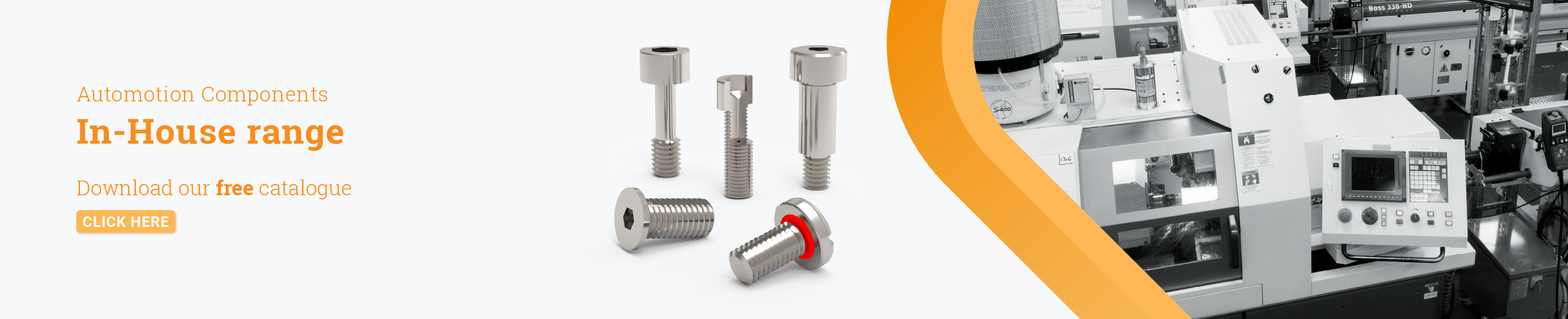 Text displaying 'In house range, download our free catalogue' with a rendered image of various screws and photo of production with an orange border