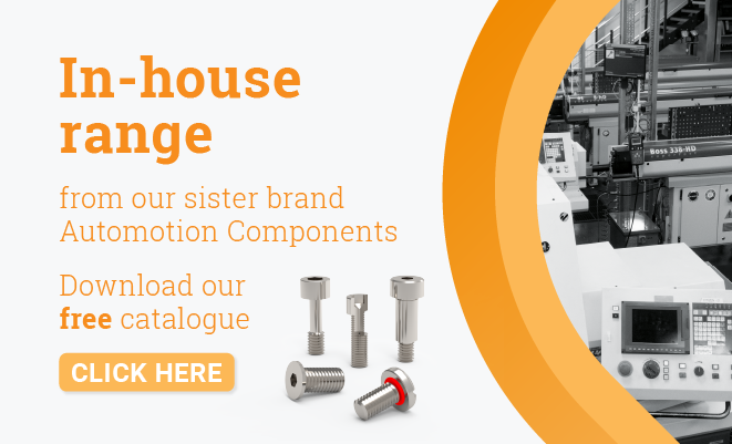 Text displaying 'In house range, download our free catalogue' with a rendered image of various screws and photo of production with an orange border
