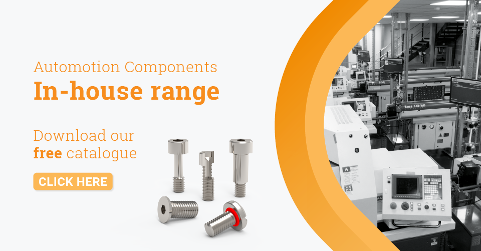 Text displaying 'In house range, download our free catalogue' with a rendered image of various screws and photo of production with an orange border