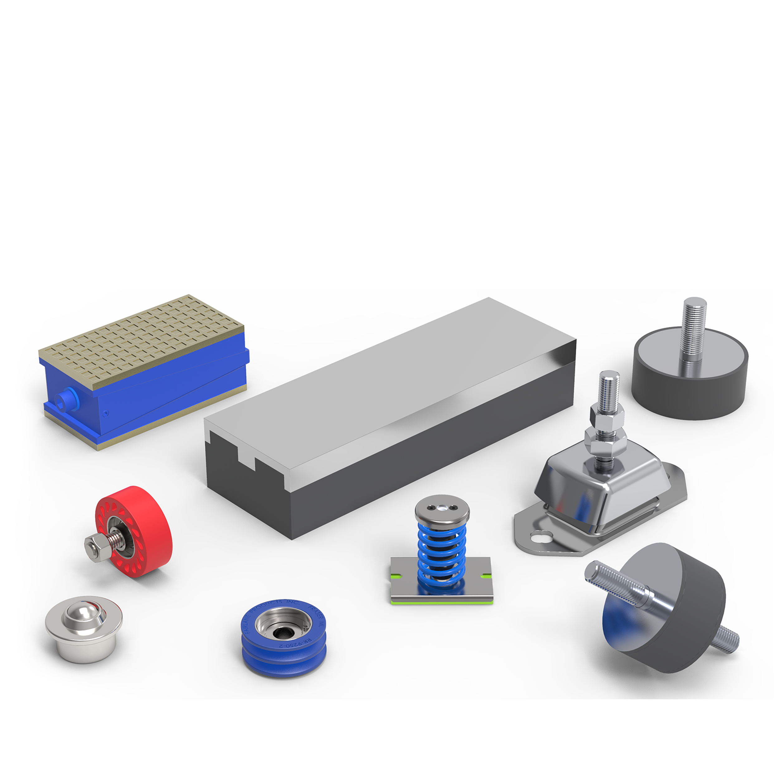 a selection of anti-vibration components, levelling feet & material handling components
