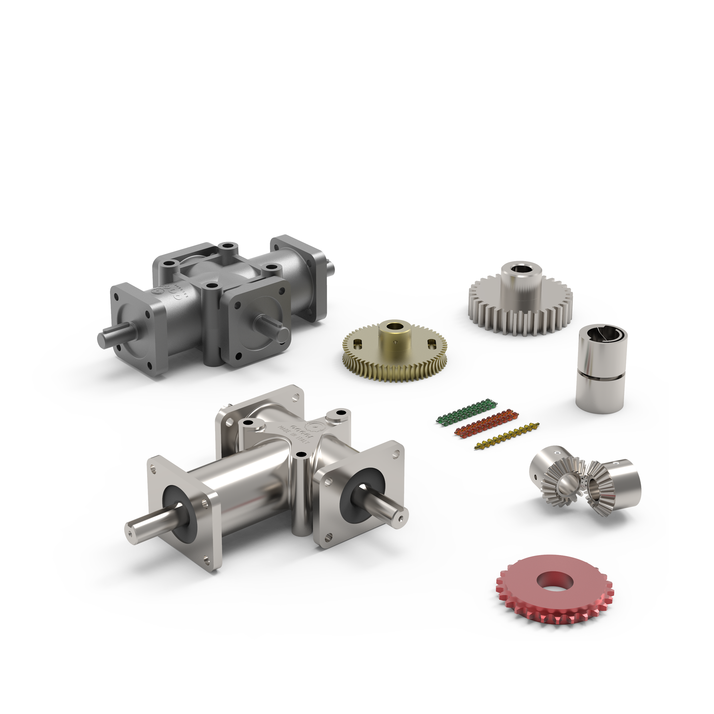 a selection of gears, gear boxes and belts