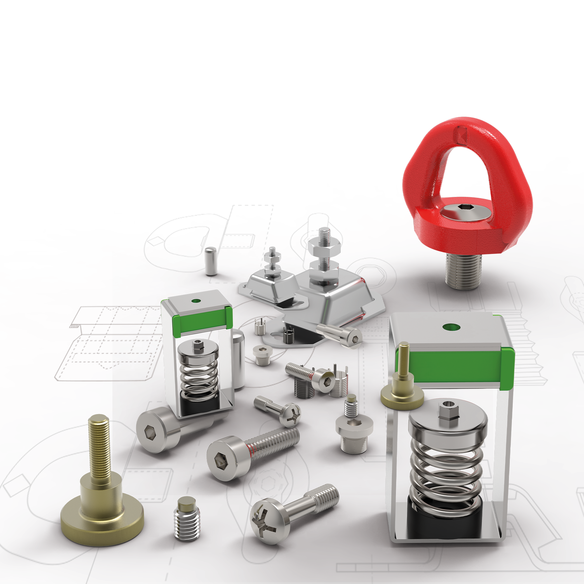 a selection of mechanical components as lifting pins, sealing and captive screws,