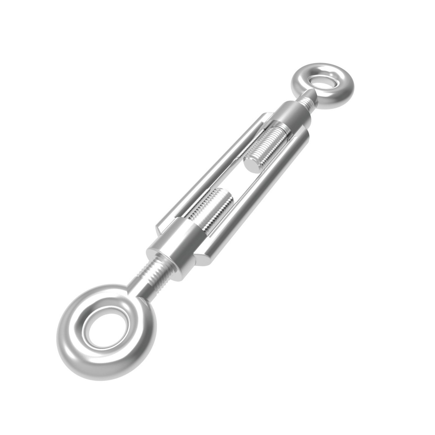 Eye End Turnbuckles A4 Stainless steel open turnbuckles with eye ends. Manufactured to DIN 1480 eye to eye. Sizes from M6 to M20. Lengths from 110mm to 200mm.