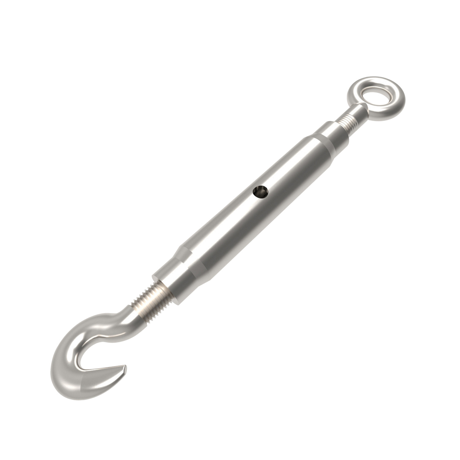 Hook & Eye Pipe Body Turnbuckles A4 Stainless steel turnbuckles with hook to eye end. Manufactured to DIN 1478. Sizes ranging from M6 to M16. Lengths from 110mm to 170mm.