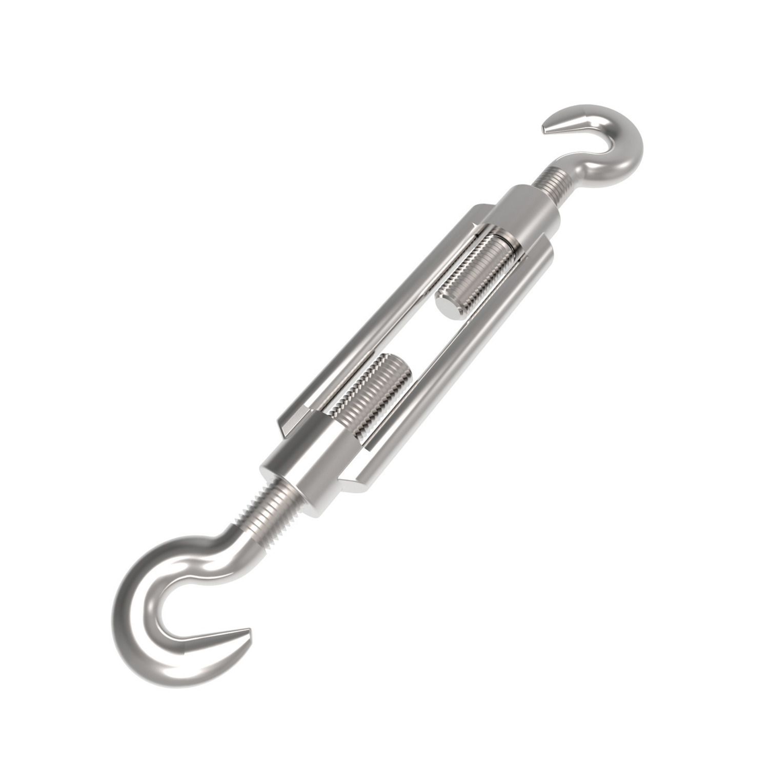 Hook End Turnbuckles Steel turnbuckles manufactured to DIN 1480 hook to hook. Sizes ranging from M6 to M36. Lengths from 110mm to 295mm.