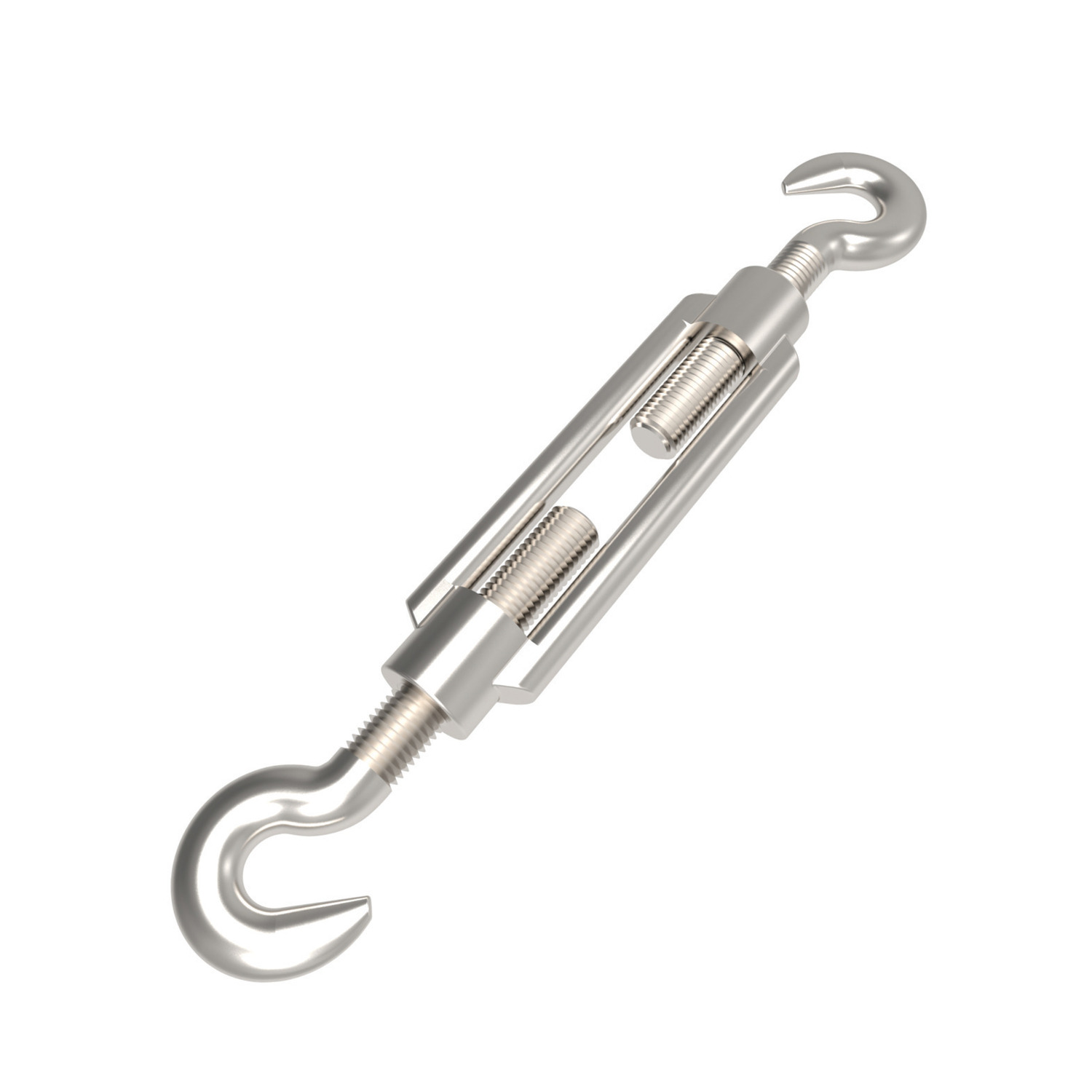 Hook End Turnbuckles A4 Stainless steel open turnbuckles with hook ends. Manufactured to DIN 1480 hook to hook. Sizes from M6 to M16. Lengths from 110mm to 170mm.
