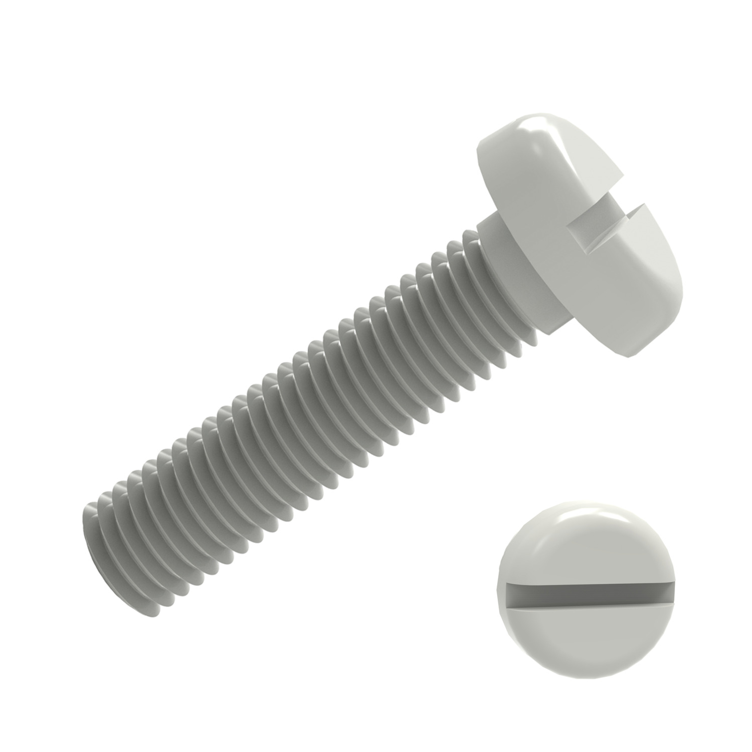 Nylon Slot Pan Head Screws To DIN 85, ISO 1580. Threaded within 2,5 x pitch of head.