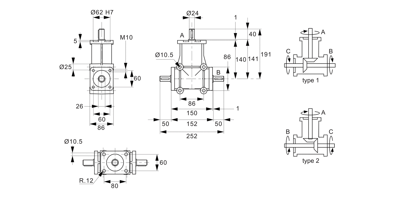 R2334 Right Angle Drives - 3 Shafts