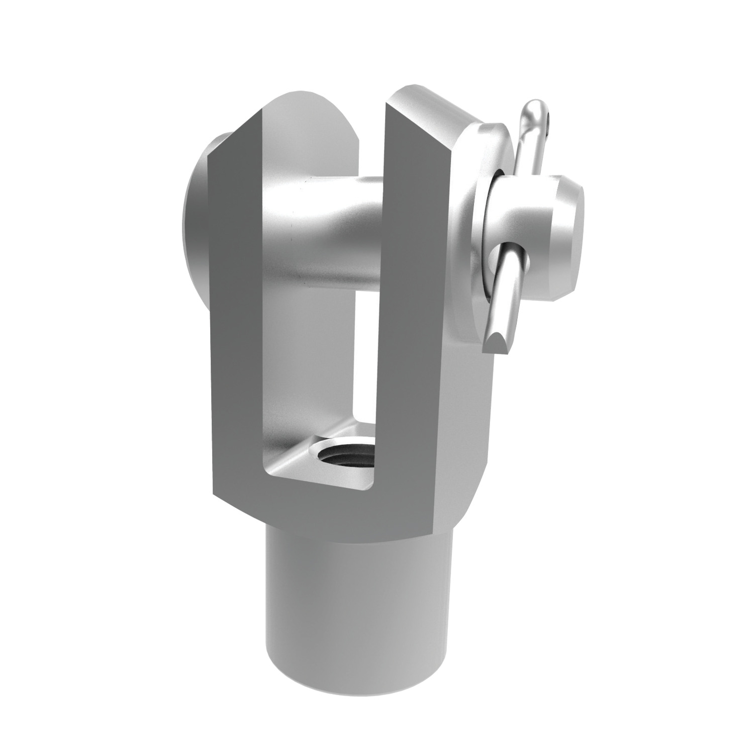 Steel Clevis Joint with Pin Clevis joint assembled with clevis pin, washer and split cotter pin. Silver zinc-plated. Left hand thread part no: R3390.