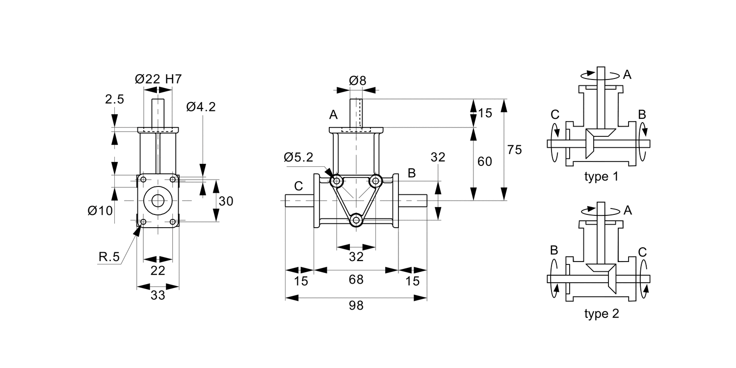 R2302 Right Angle Drives - 3 Shafts