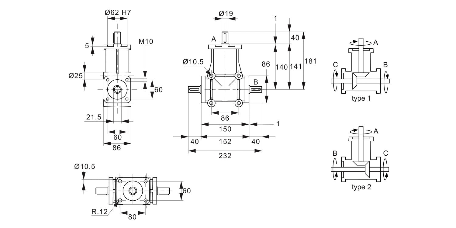 R2332 Right Angle Drives - 3 Shafts
