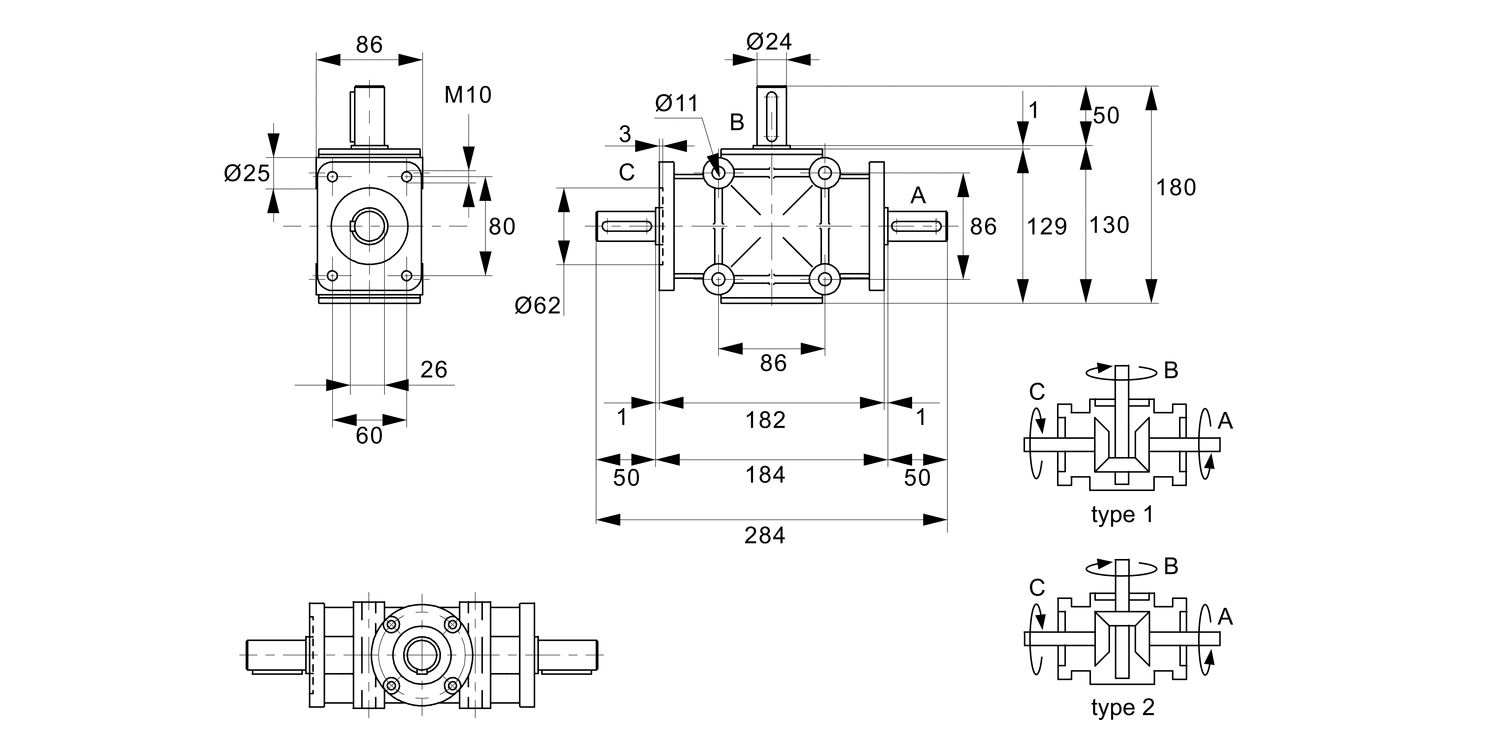 R2340 Right Angle Drives - 3 Shafts