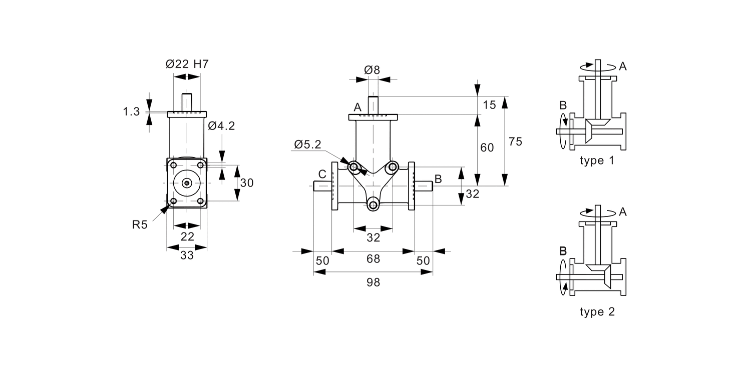 R2351 Stainless Right Angle Drives - 3 Shafts